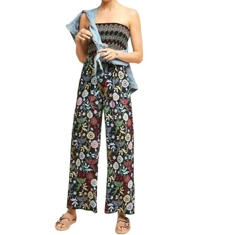 One September Anthropologie Crisfield Floral Strapless Romper Black Size Small